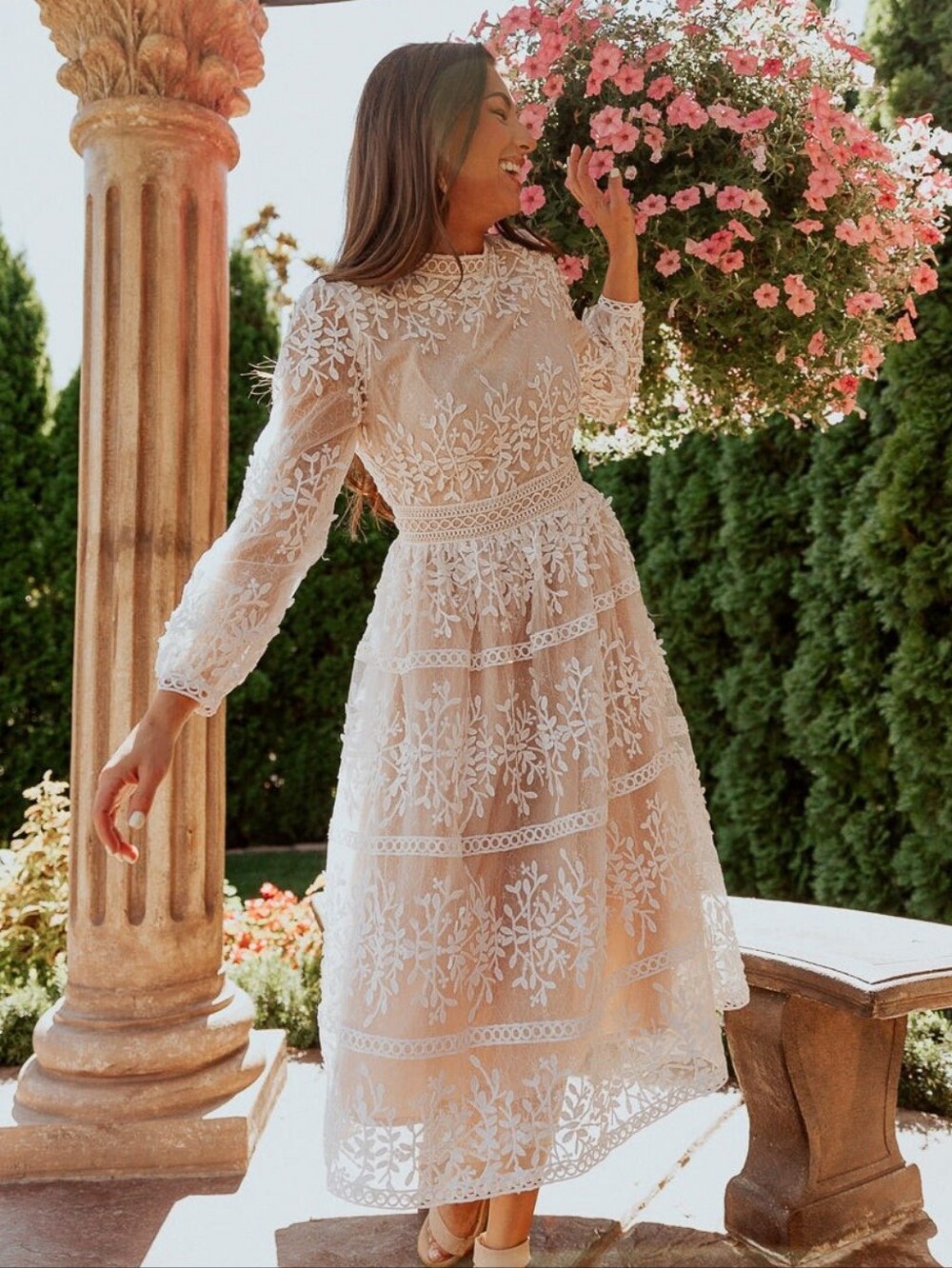 Ivy City Co White & Champagne Lace Midi Dress